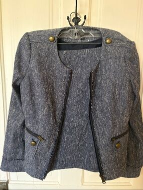 Ann Taylor Size 8p Blue Tweed Collarless Zip Blazer - and Skirt Size 6